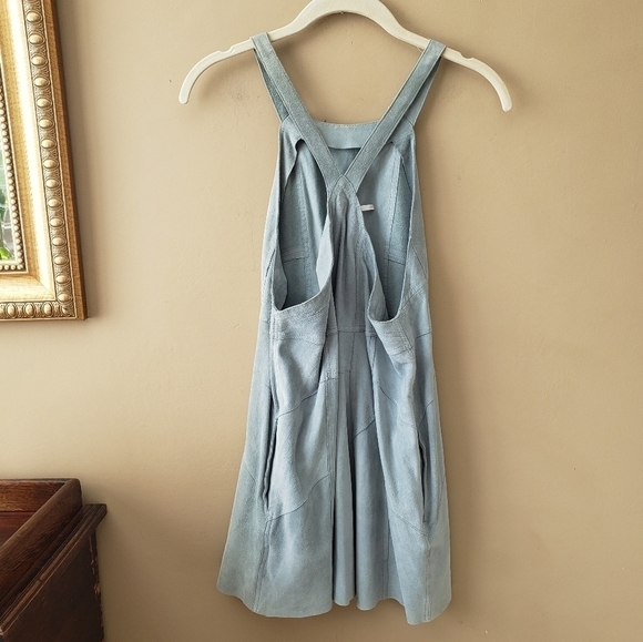 Free People Leather Goat Suede Leather Blue Pinafore Apron Mini Dress Size XS - Picture 3 of 7